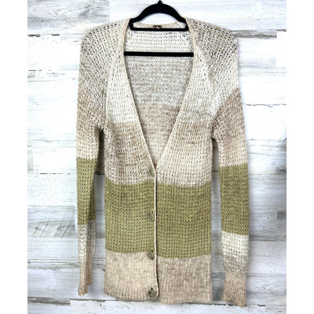 Free People Womens XS Multi Earth Tone Stripe Crochet Knit Boho Cardigan Sweater